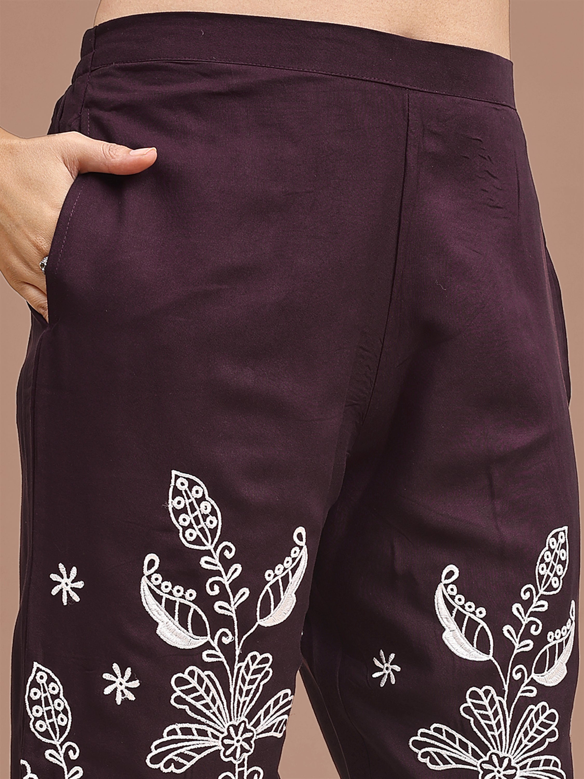 Dark Purple Colored Rayon With White Thread Embroidered Tunic & Trouser Co-ord Set